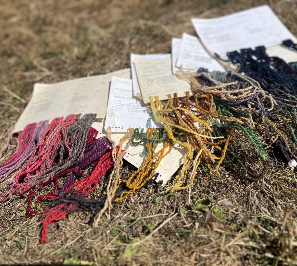 Colorful yarn skeins and pattern cards spread on dry grass outdoors as if for a craft project